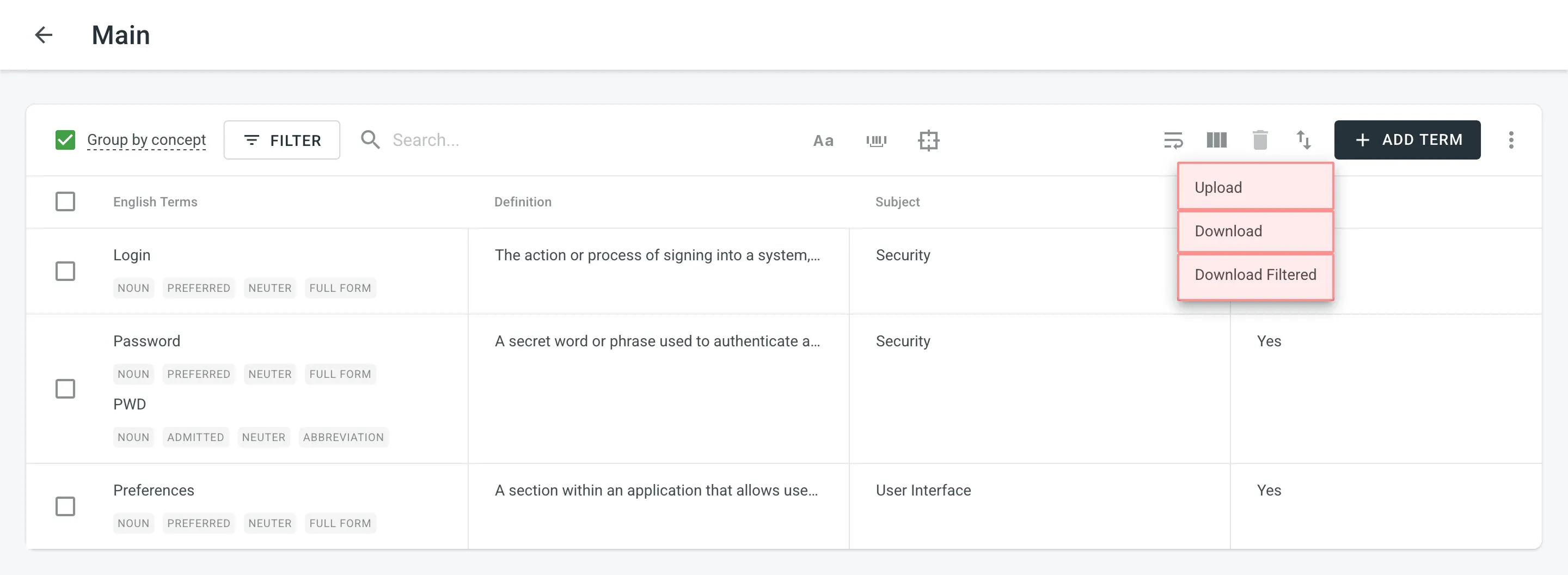 Downloading and Uploading Glossary