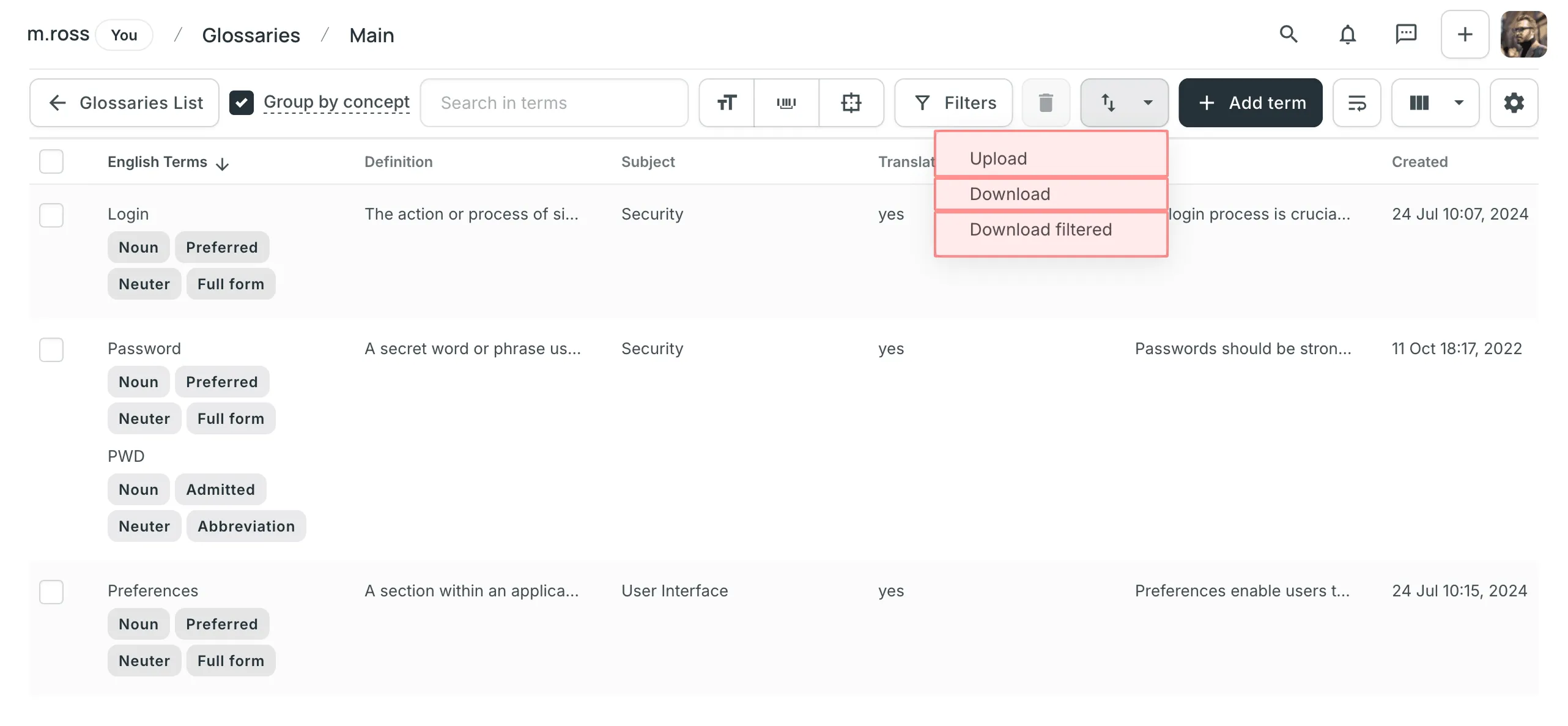 Downloading and Uploading Glossary
