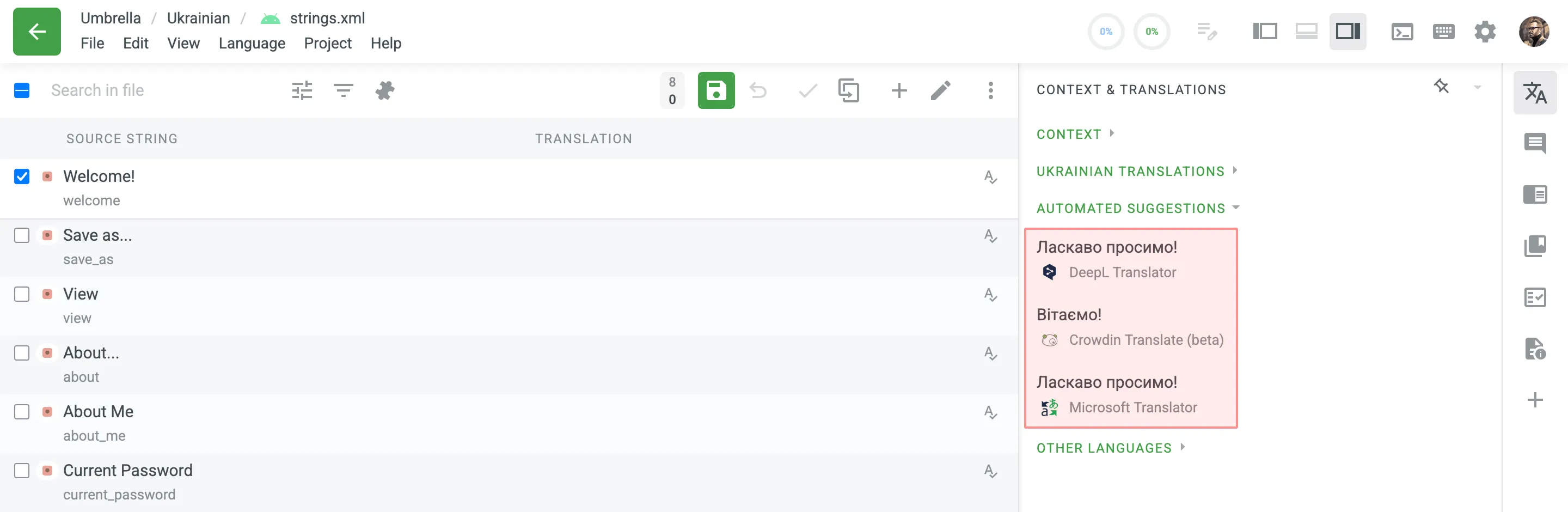 Machine Translation suggestions in the Editor